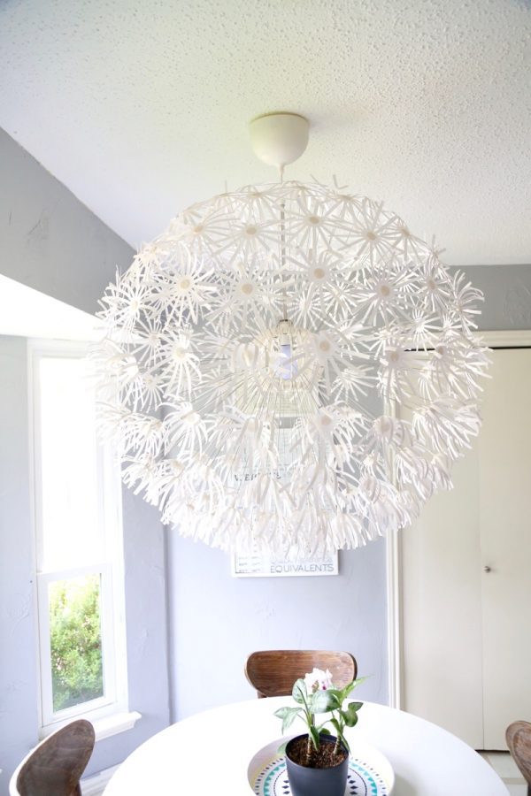 IKEA flower light hanging in kitchen breakfast nook