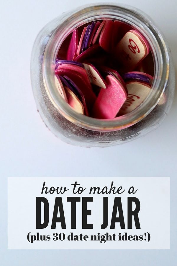 Ever get stuck in a rut on date ideas with your spouse? Here's an easy way to make a jar full of ideas for those nights where you just can't decide what to do. The post includes 30 ideas for dates, so the thinking is already done for you! 