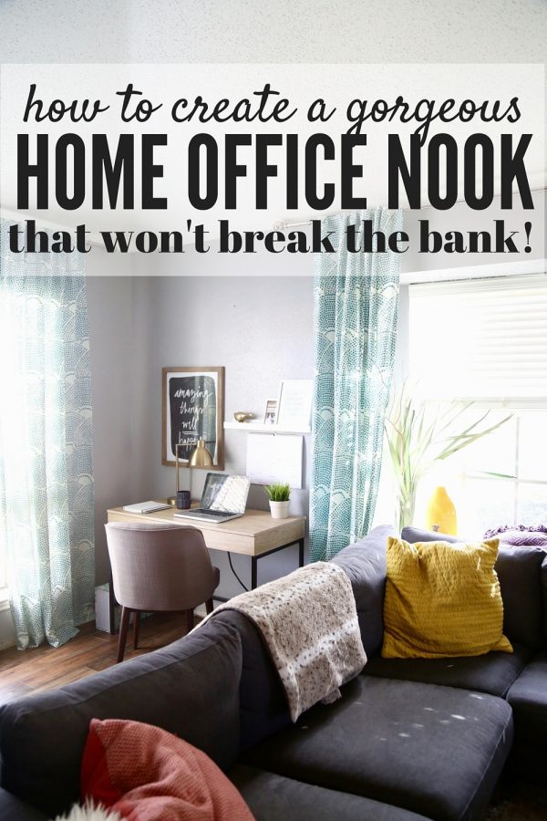 This home office nook is so gorgeous, simple, and affordable! Click through the post to see all of the sources and how to make a home office space of your own! 