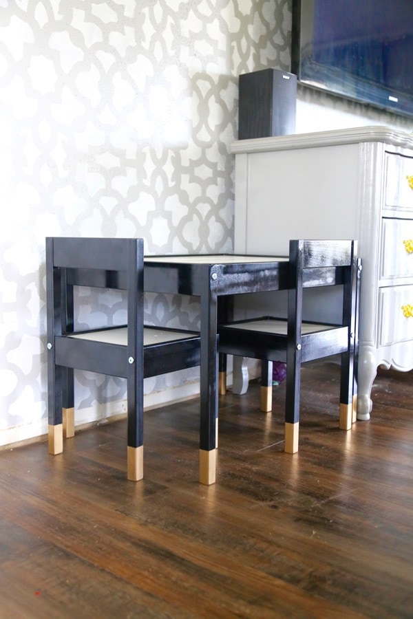 IKEA LATT play table painted black with gold dipped legs