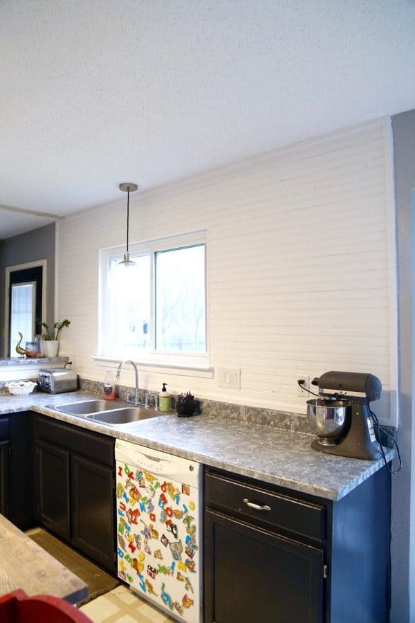 Completed beadboard backsplash in kitchen