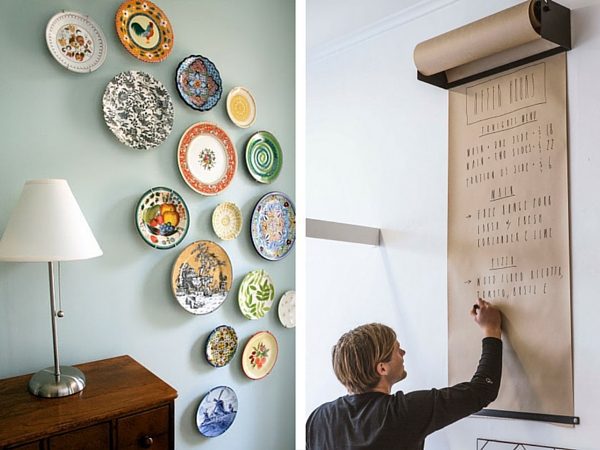 collage of two images, the left is of a plate wall, the right is a roll of paper hung on the wall