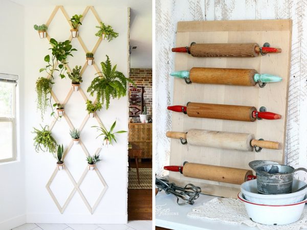 collage of two images. The left is an image of a plant wall, the right is an image of DIY cutting board art