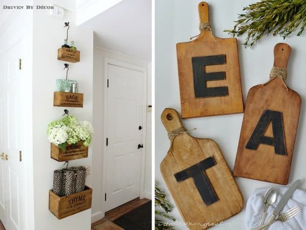 two images in a collage. One shows baskets hung on a kitchen wall, the other is cutting boards turned into kitchen art. 