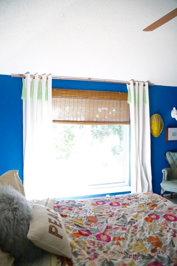 bedroom with DIY copper curtain rod