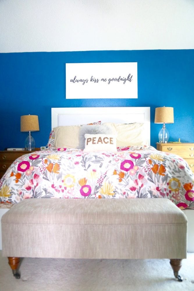bedroom with colorful walls and bedding