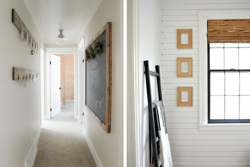 Collage of two hallway images - one is plain white with a large chalkboard and one has shiplap on the walls