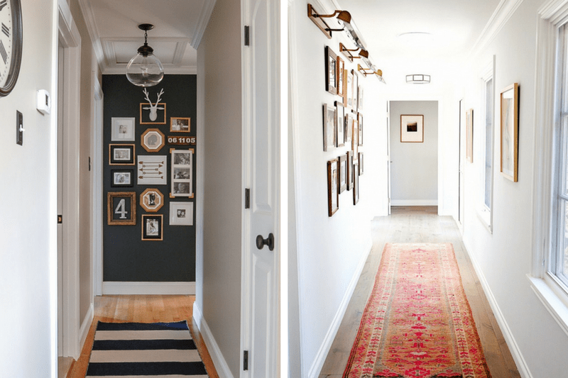 Collage of 2 hallway images - the left side has a black accent wall with a gallery wall and the right side has a large gallery wall with a pink runner