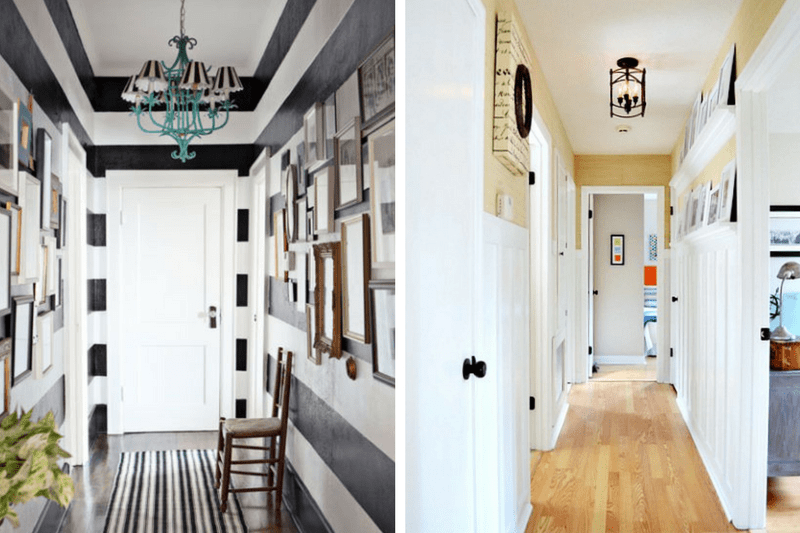 Collage of two hallway images - the left side has black and white stripes on the walls and the right side has board and batten