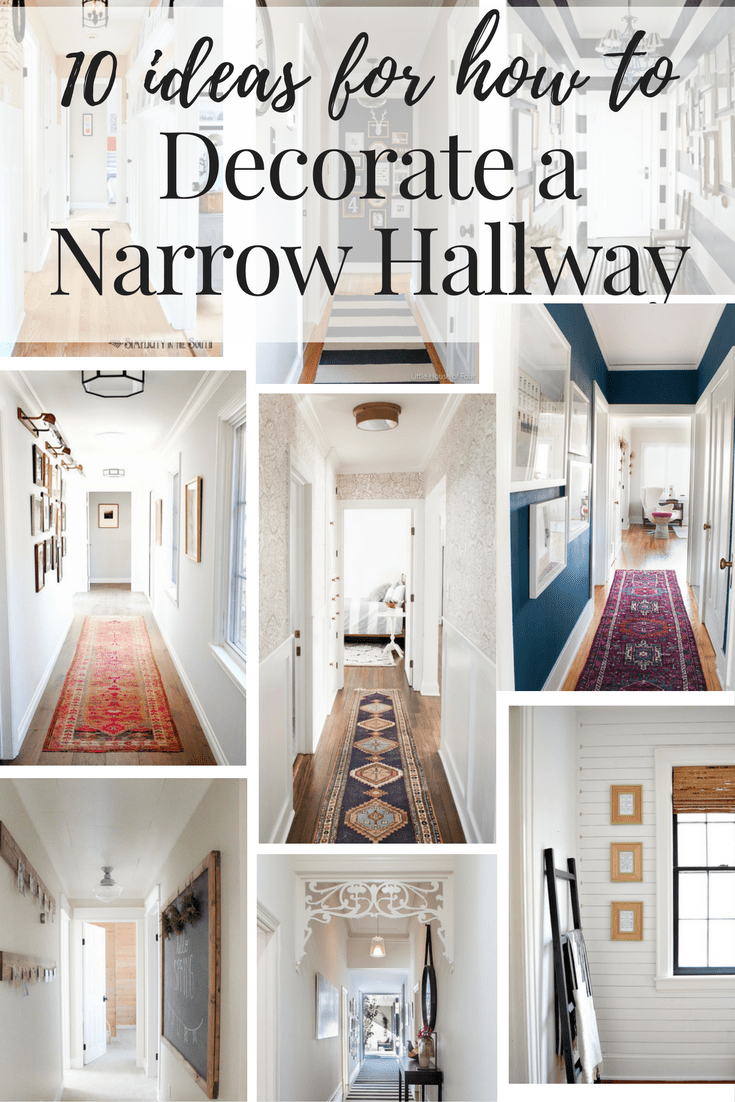 Collage of 9 hallway images with text overlay stating that the post has 10 hallway decorating ideas