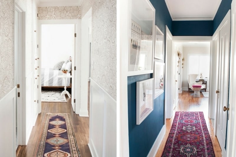 Collage of two images of narrow hallways. The left side has floral wallpaper and a pink and blue runner, the right side has dark blue walls and a bright runner