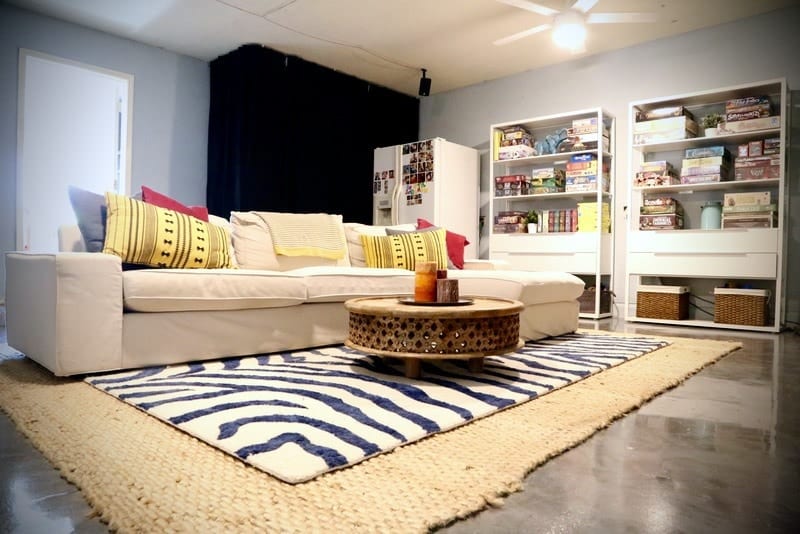 This is awesome! You can turn your garage into a super relaxing media room - it's not that hard! And the flooring in here is such a unique solution for upgrading concrete floors on your own!