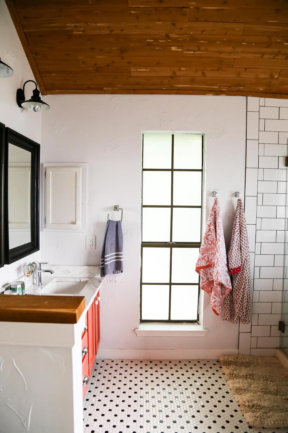 master bathroom DIY renovation - after photos of master bathroom with cedar planked ceiling and hex tiles