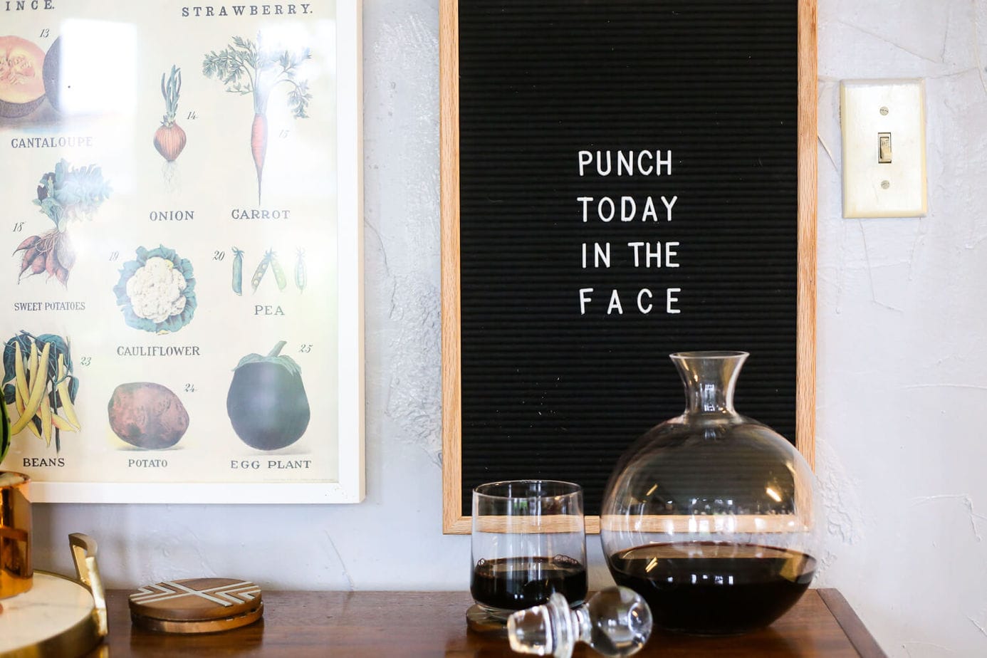 Gorgeous gallery wall inspiration, ideas for what to hang above your bar cart, felt letter board inspiration