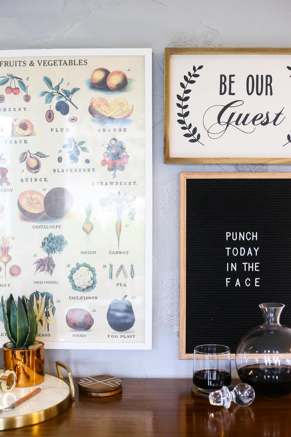 Gorgeous gallery wall inspiration, ideas for what to hang above your bar cart, felt letter board inspiration