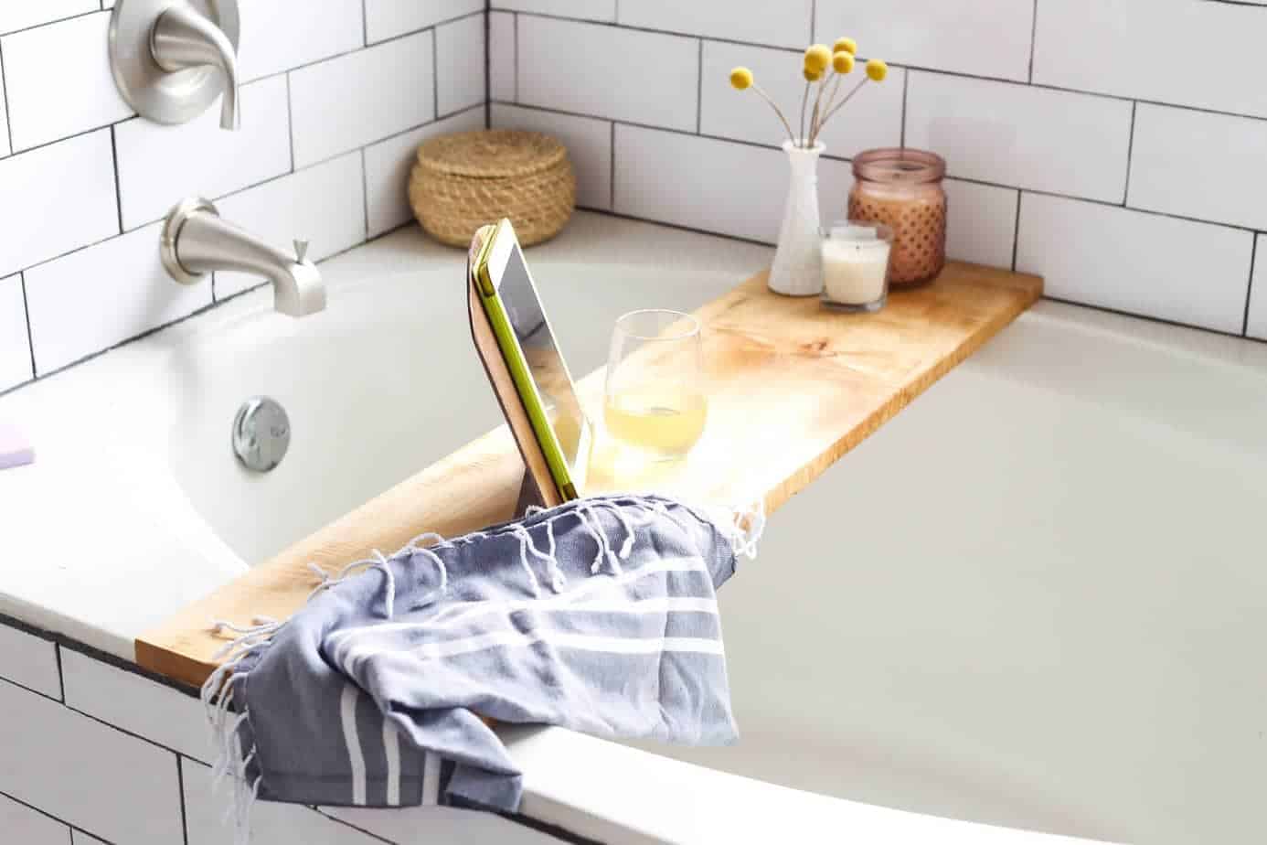 DIY bathtub tray resting on bathtub