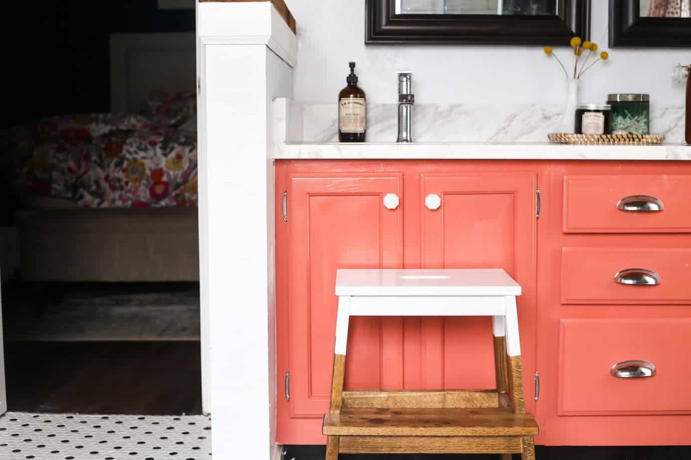 Easy IKEA hack! How to turn this BEKVAM stool into a gorgeous, farmhouse inspired stool for your kitchen, bathroom, or anywhere in the house! Great for kids, and it's gorgeous too! 