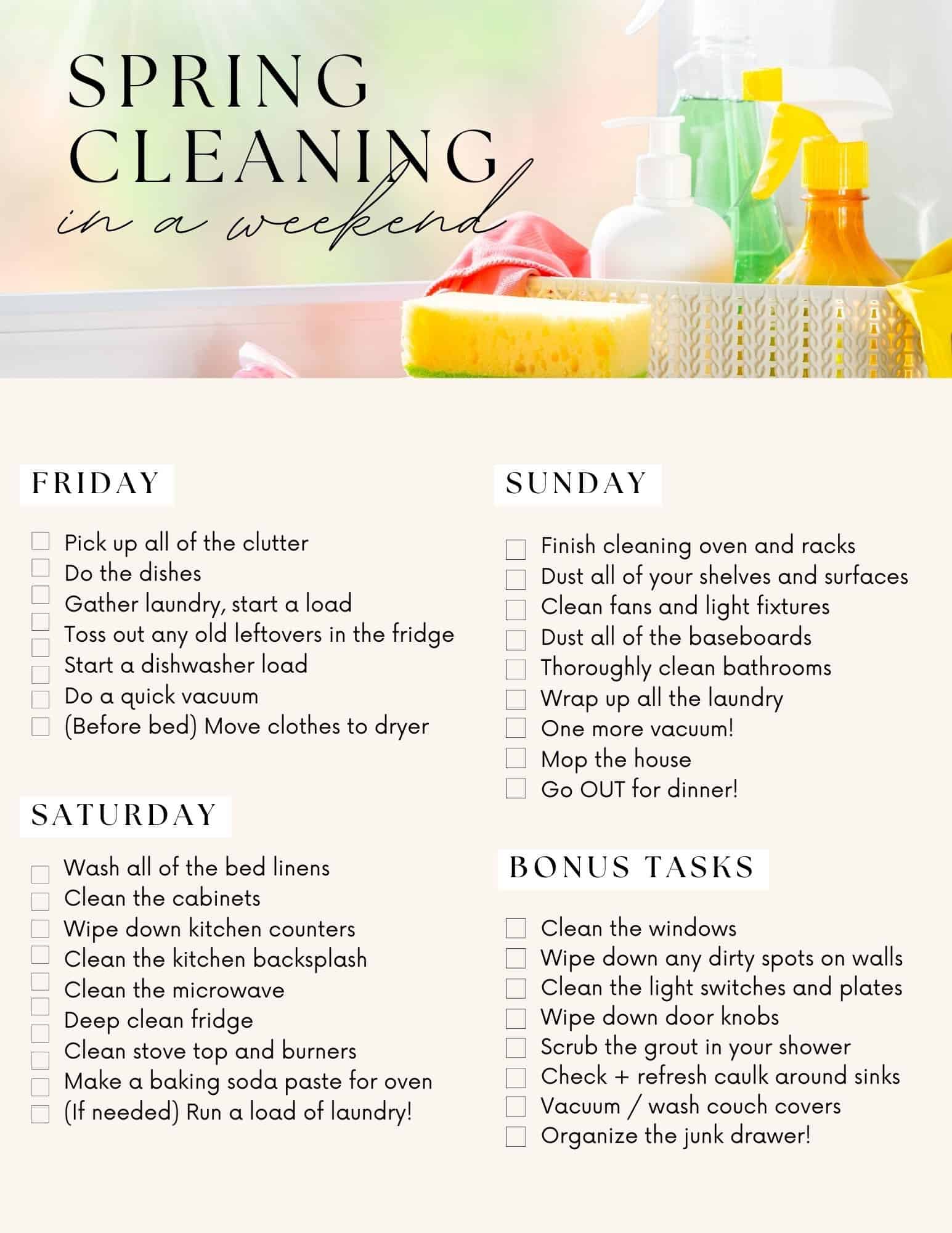 checklist for spring cleaning in a weekend