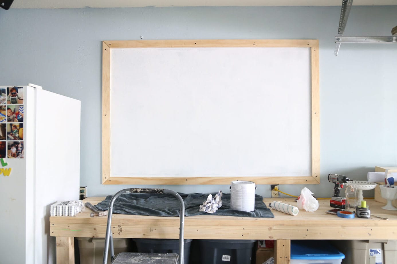 A rectangle on the wall that has been primed