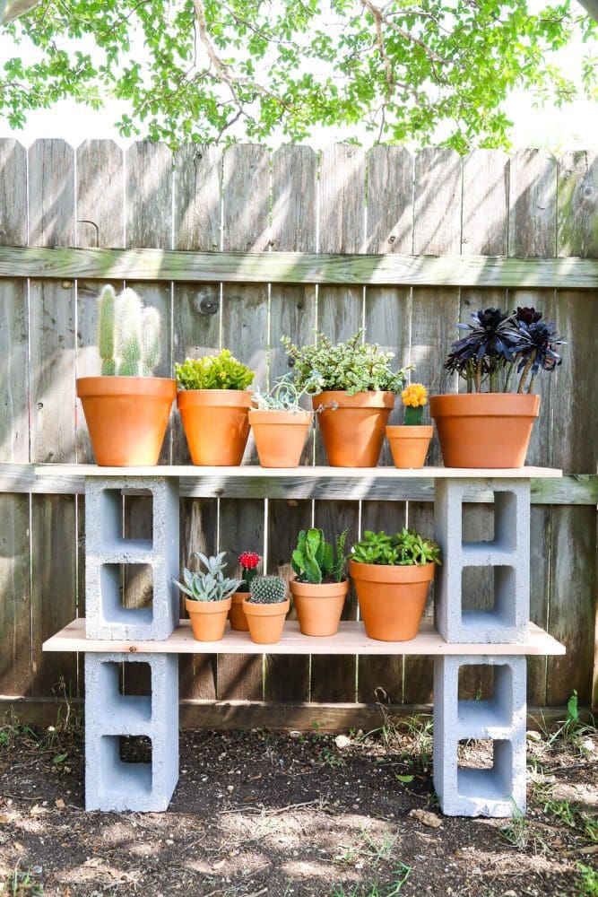 DIY cinderblock plant shelves