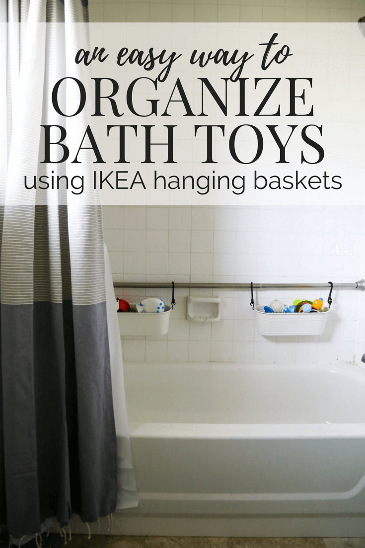A bathtub with a simple DIY bath toy storage solution