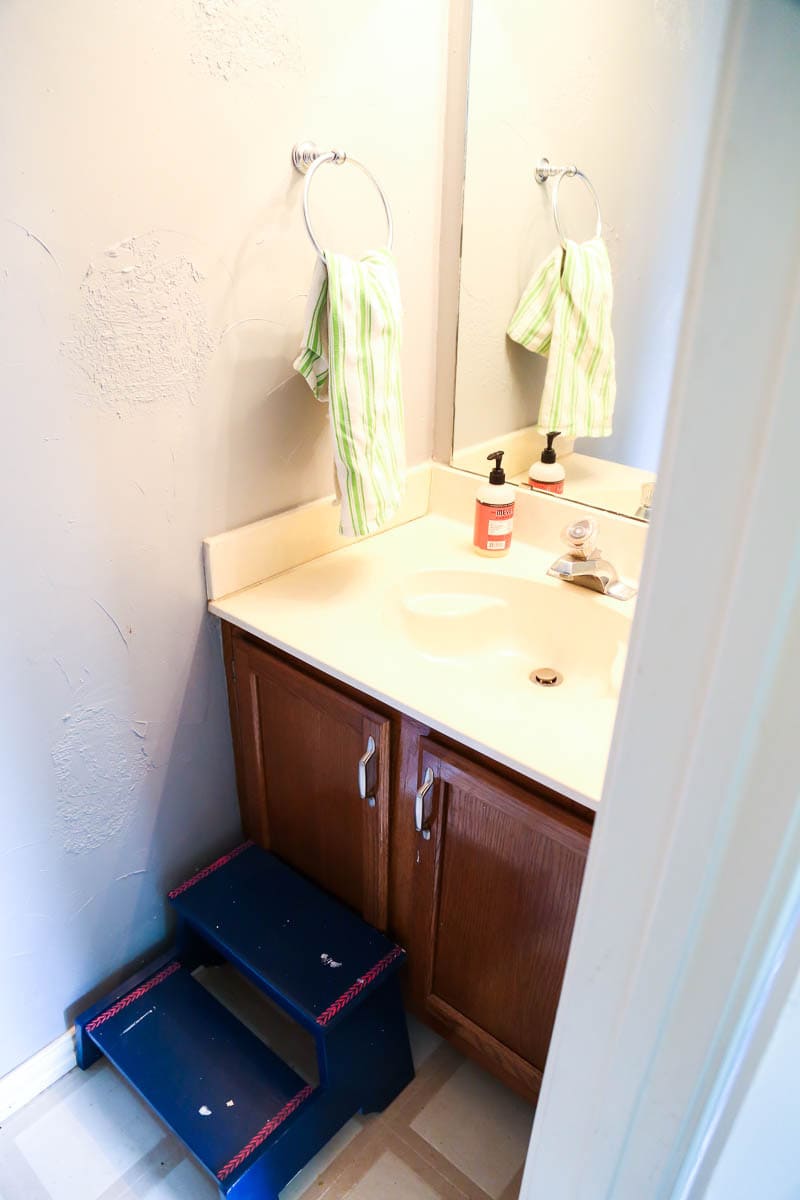 Powder room vanity before a quick makeover