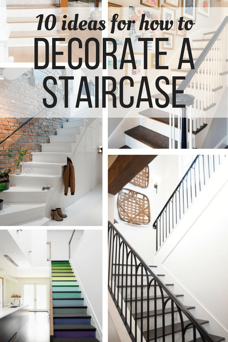 Ideas and inspiration for how to decorate a staircase affordably and simply. Includes 10 great ideas for how to decorate the wall behind your stairs, and ideas for products to use.