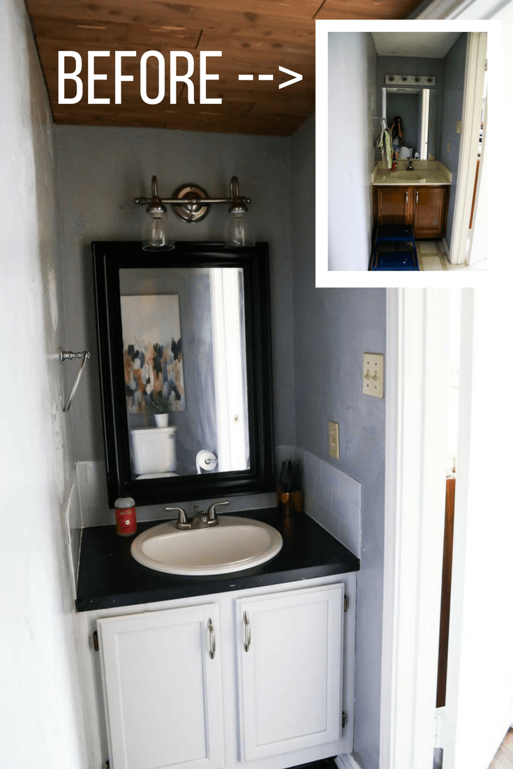 A gorgeous $100 Room Challenge makeover - a simple and affordable powder room renovation using peel and stick tiles for the backsplash