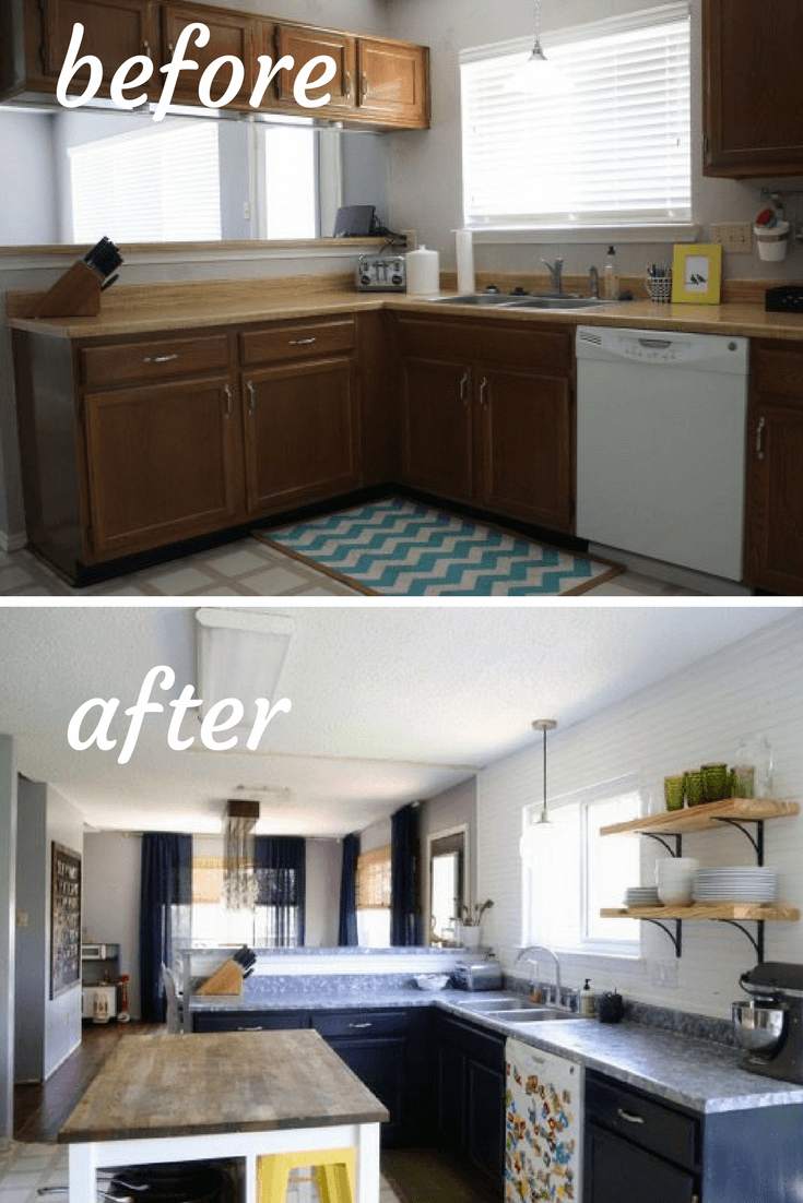 Before and after photos of a DIY budget kitchen renovation. Gorgeous kitchen makeover that has a bright, modern farmhouse feel