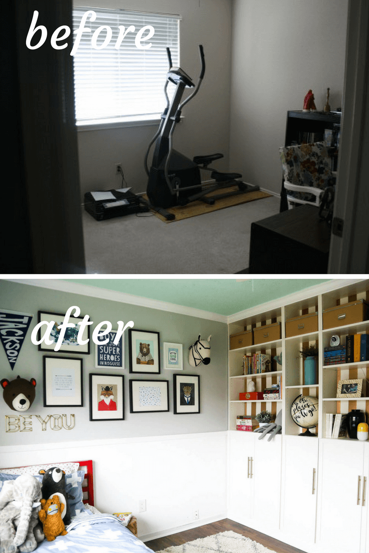 Before and after photos of gender neutral kid's room renovation. Turning a nursery into a big kid room