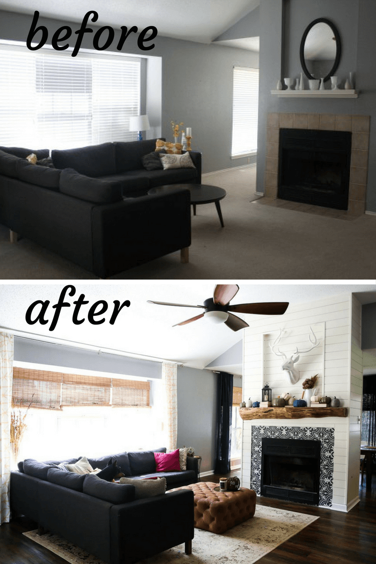 Before and after living room renovation photos - a gorgeous living room transformation with a DIY fireplace renovation