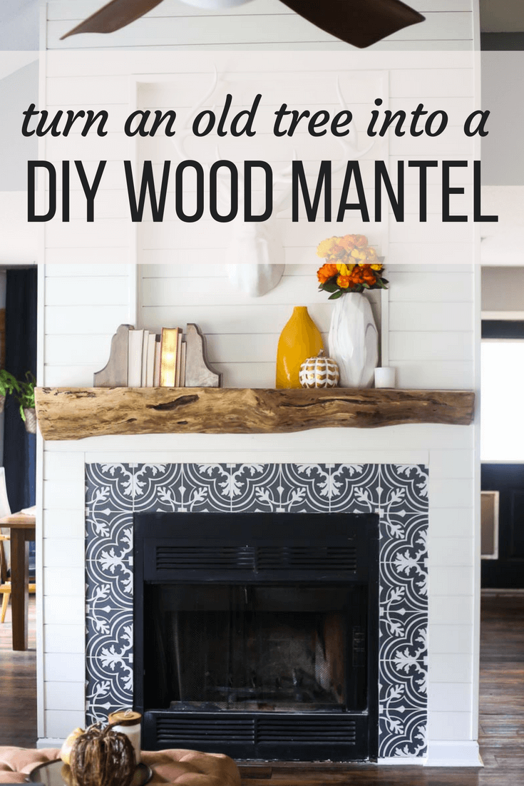 a fireplace with a rustic DIY wood mantel and text overlay - turn an old tree into a DIY wood mantel