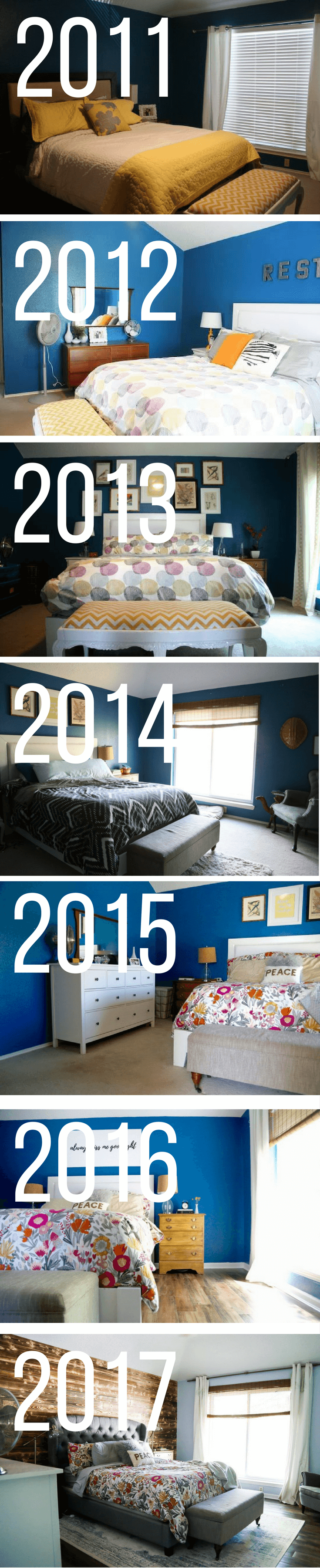 A master bedroom renovation throughout the years - before and after photos of a DIY master bedroom renovation