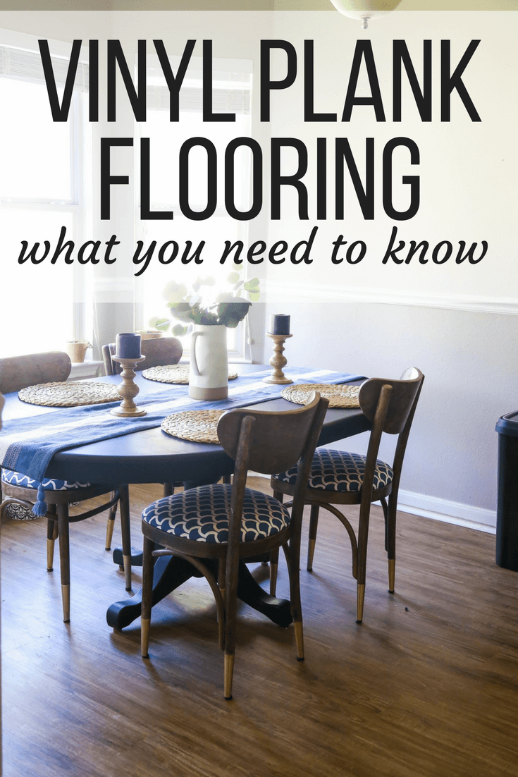 dining room with Mohawk vinyl plank flooring and text overlay: "Vinyl plank flooring - what you need to know"