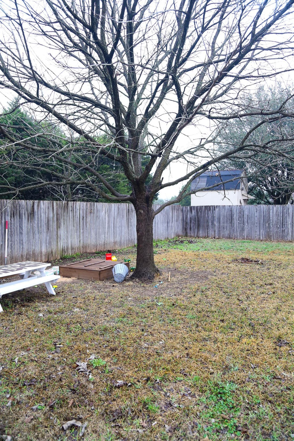 Backyard picnic table and sandbox