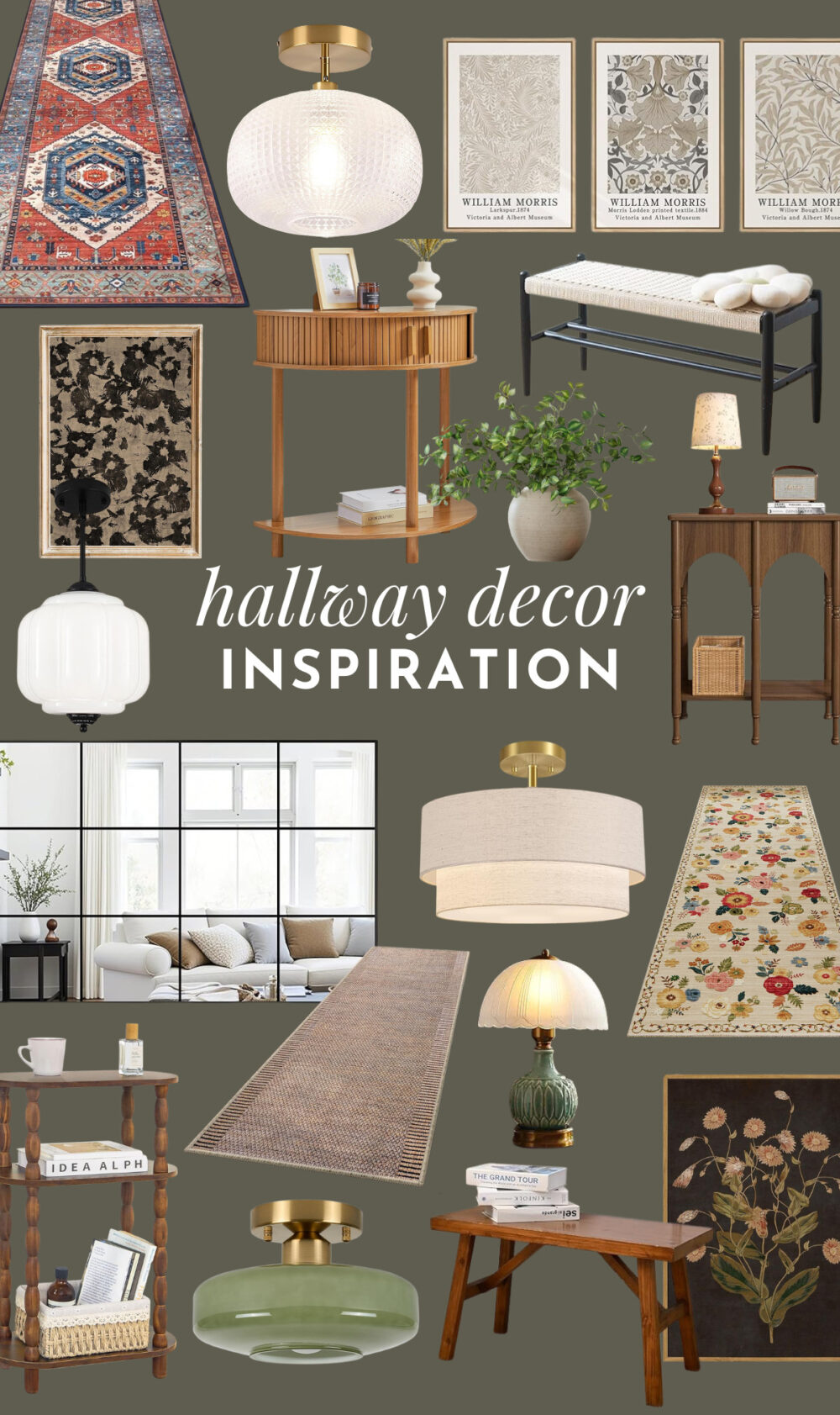 collage of hallway decor inspiration, from rugs to furniture to art