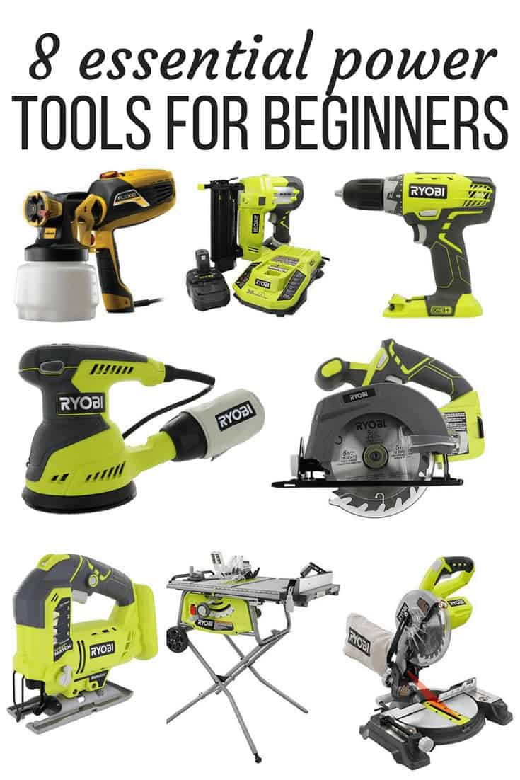 A collage of 8 different woodworking tools great for beginners with text overlay - "8 essential power tools for beginners"