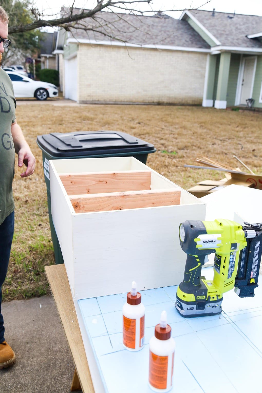 Plywood box being built outdoors