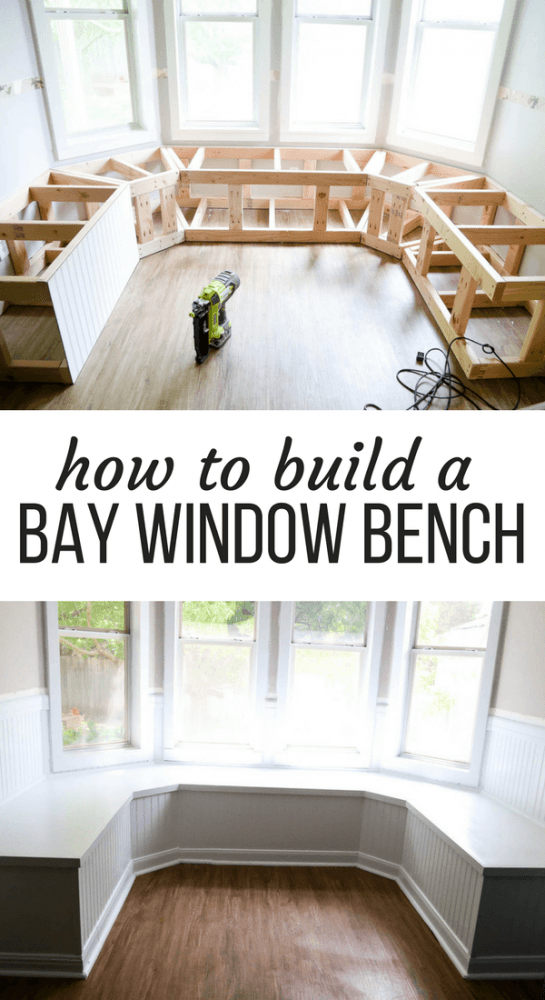 collage of two images of a DIY bay window bench with text overlay - "how to build a bay window bench"