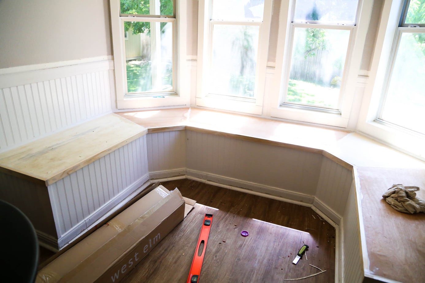 Image of bay window bench after being built, but before painting