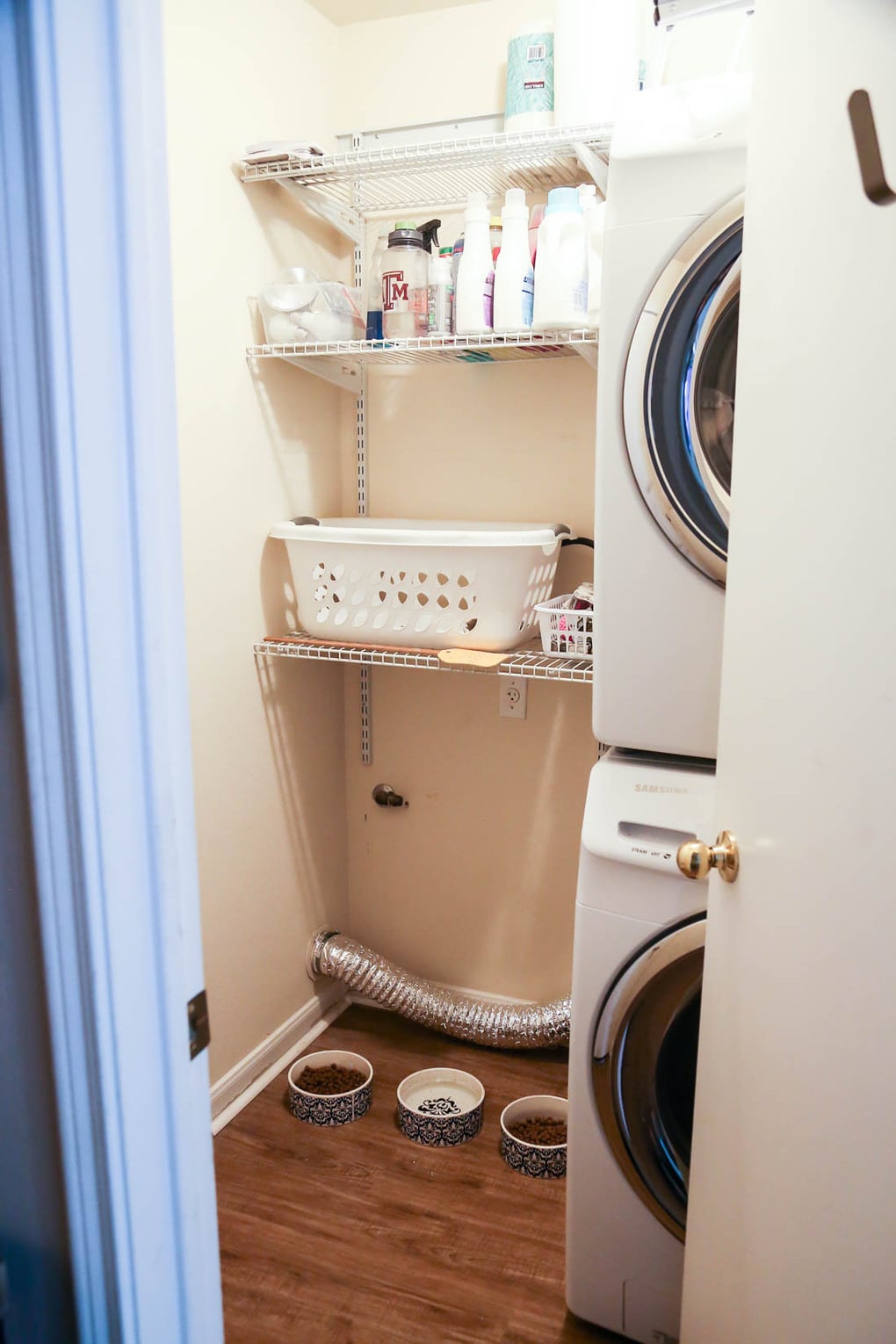 dog food bowls in laundry room