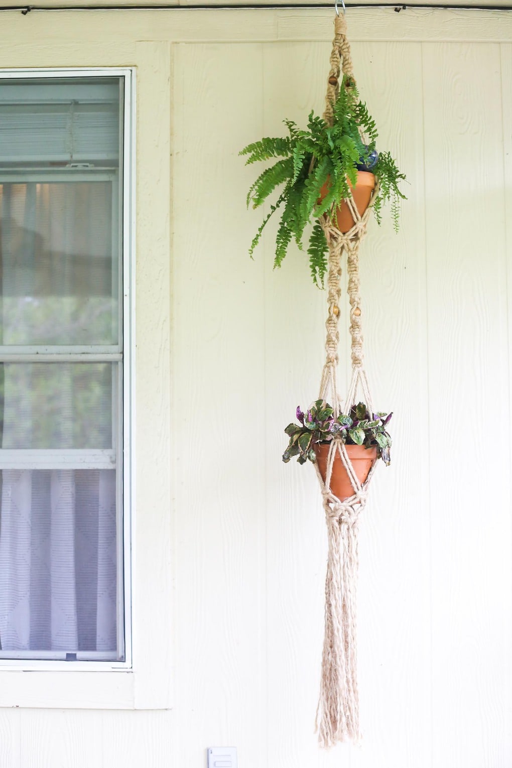 Hanging macrame planter with two plants