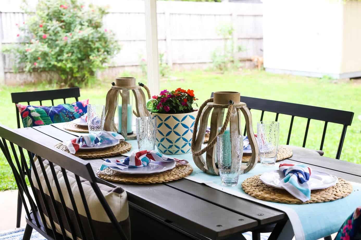 Patio table with blue and red decor