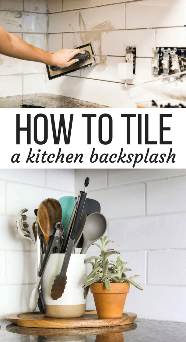 collage of two images showing how to tile a kitchen backsplash