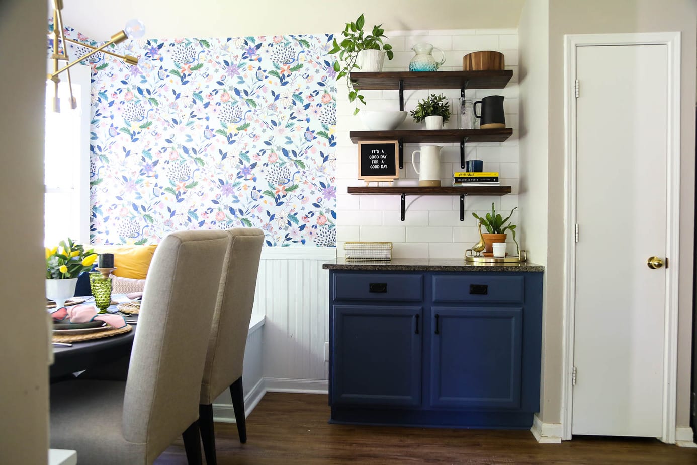 open shelving in kitchen nook