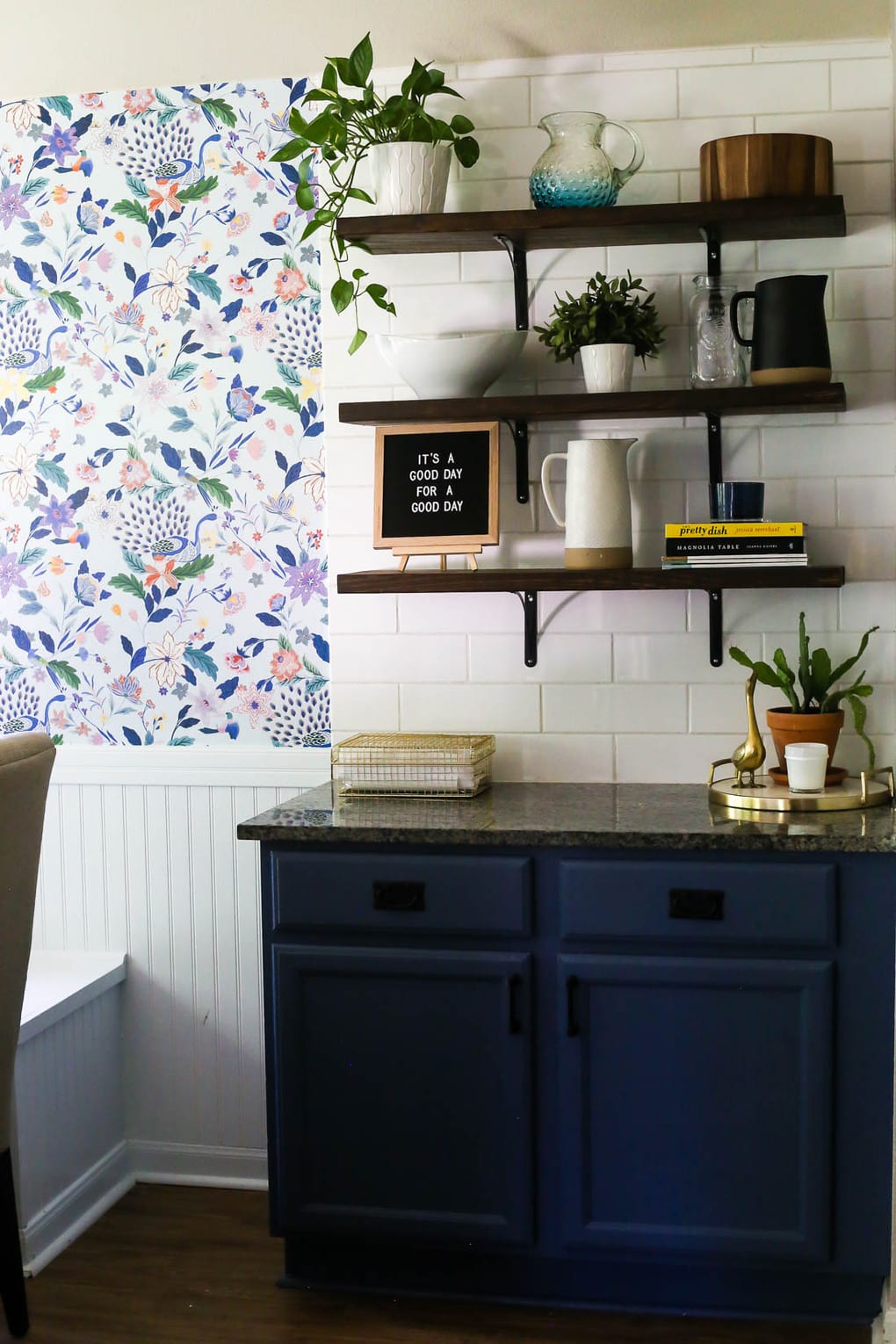 open shelving in dining room