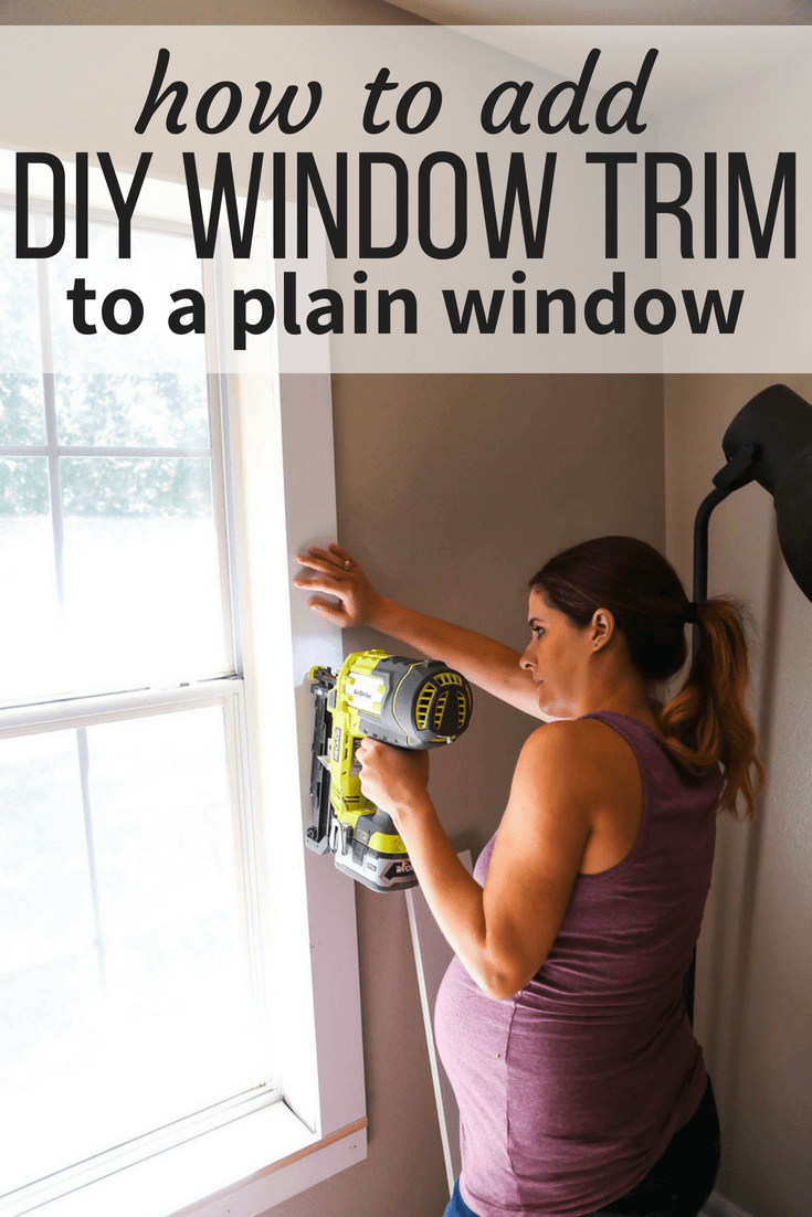 woman installing window trip with a text overlay - "how to add DIY window trim to a plain window"