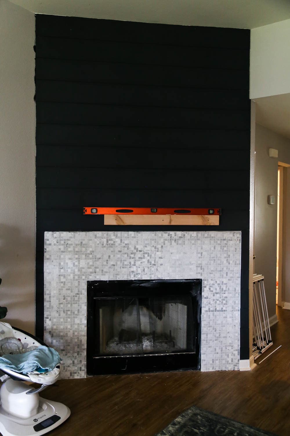 fireplace with ledge board attached for diy fireplace mantel