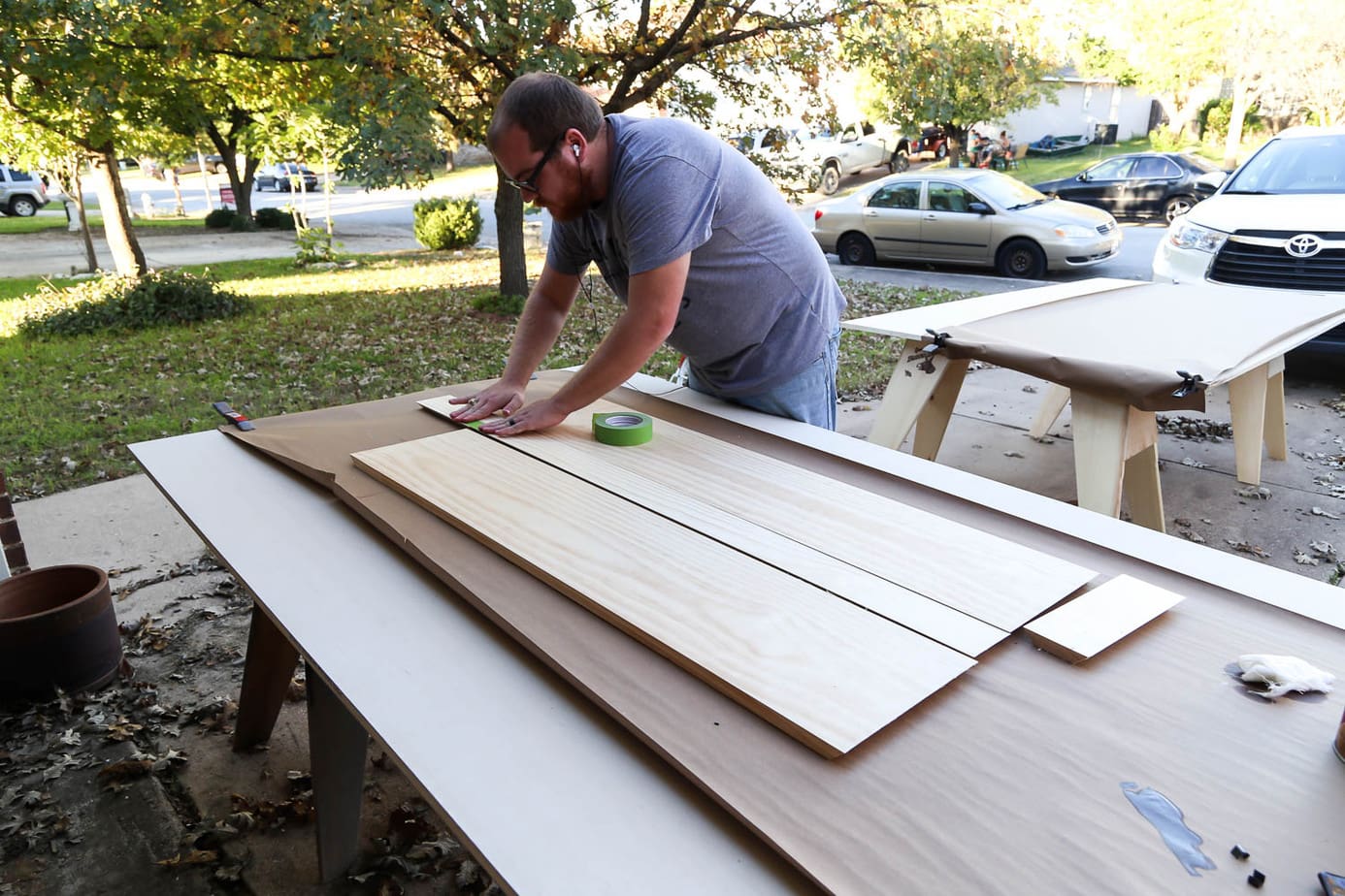 lining up materials for floating shelves