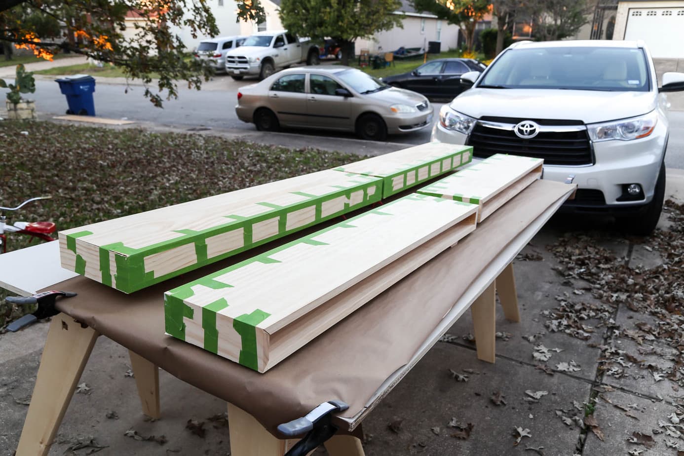 shelves taped up and ready to be stained